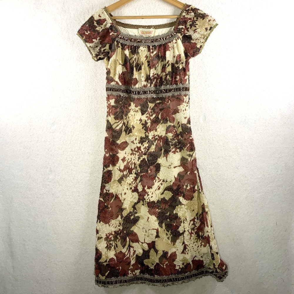 VTG Y2K Babydoll Renaissance Midi Dress XS/S Dark Floral Textured Velvet Trim